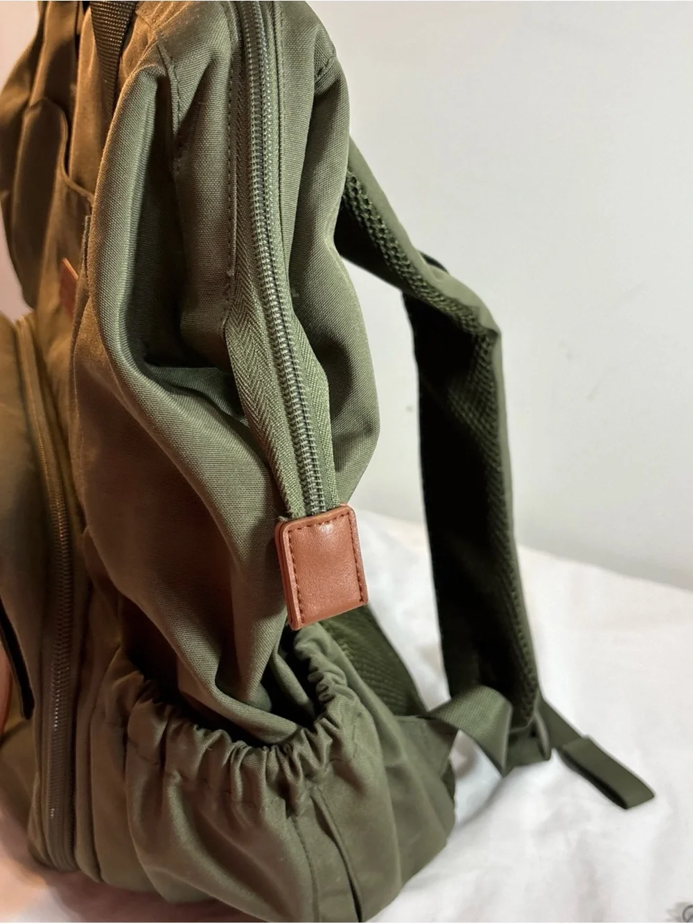 Mommore Brand Olive Green Canvas Travel Backpack with Brown Trim
